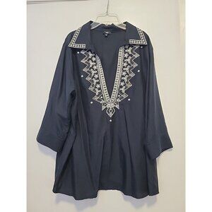 Talbots Silk Embroidered Deep V Collared 3/4 Sleeve Tunic Blouse 16W Navy Blue